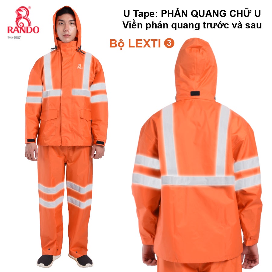 Áo Mưa Bộ Phản Quang An Toàn LEXTI-3, RANDO Chính Hãng, Áo 2 Lớp Giữ Ấm, Vải Dù Nylon/PVC Chống Nước, Chống Gió Bền Bỉ
