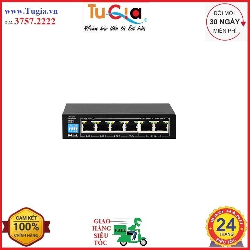 Bộ chia mạng Dlink DES-1006P-E 250M 6-PORT 10/100 SWITCH WITH 4 POE PORTS AND 2 UPLINK PORTS