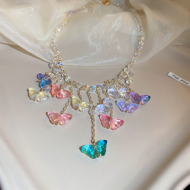 Vòng Cổ Chuỗi Hạt Pha Lê Hình Bướm Màu Sáng Thời Trang Cá Tính