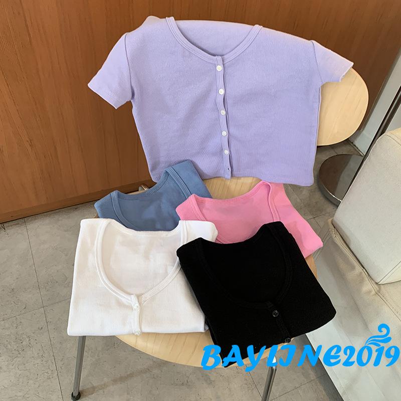 Áo Thun Nữ Ngắn Tay Cổ Tròn Hở Eo Thời Trang