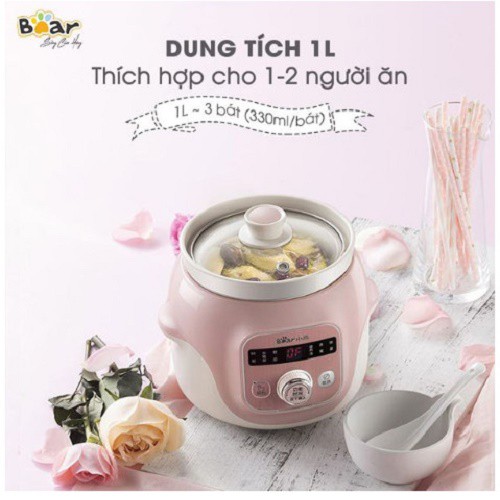 Nồi Nấu Chậm 1 Lít Bear DDG-D10B1S có thể hầm, luộc,ninh, thiết kế tinh tế tiện dụng bảo hành chính hãng 12 tháng