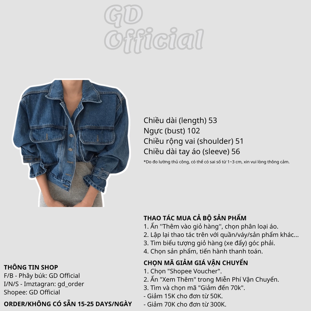 K100|Áo khoác jeans nữ dáng ngắn croptop cá tính màu xanh denim GD Official