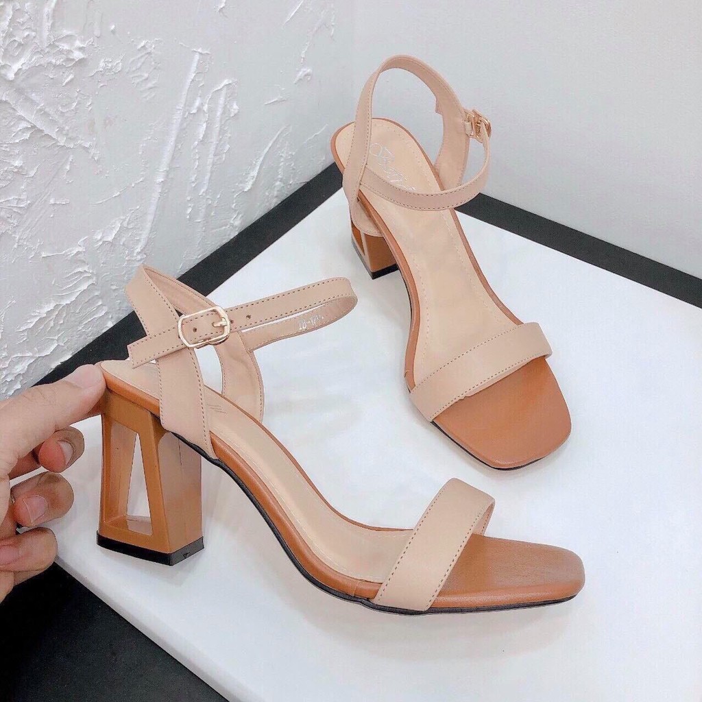Sandal nâu đen phối màu cá tính gót hở vuông - 7P