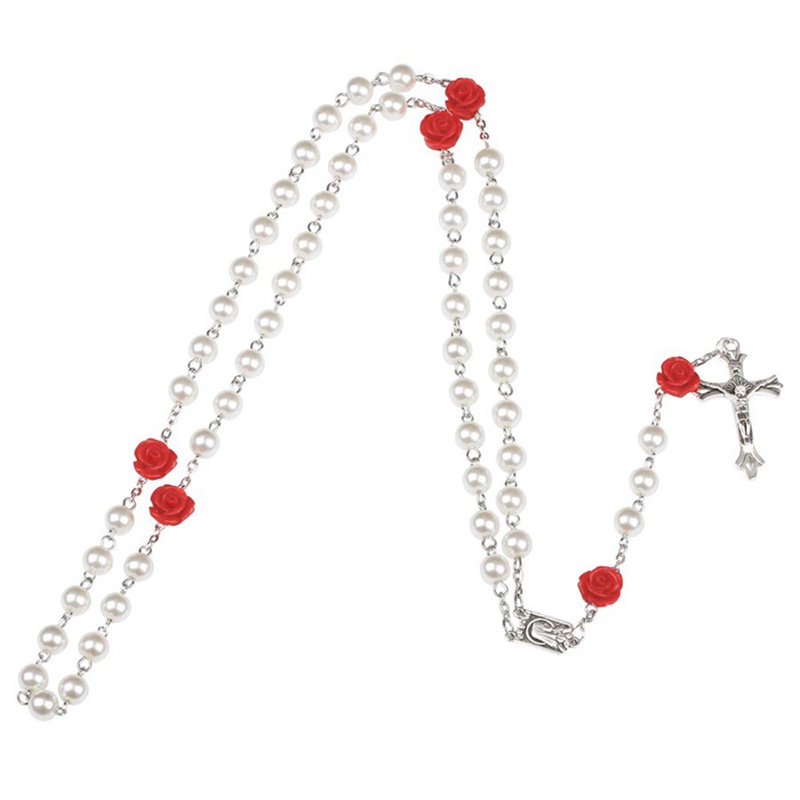 Vòng cổ mặt hình thánh giá đính ngọc trai giả 6mm 3 màu thời trang