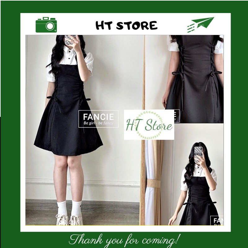 Váy nữ dáng xòe Cổ sơ mi Trắng Đan Eo Chất Đũi Lụa - HT STORE