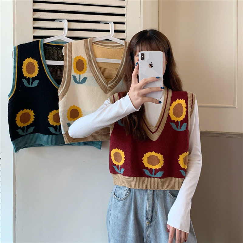 Áo gile dáng rộng họa tiết hoa hướng dương phong cách retro Hàn Quốc cho nữ
