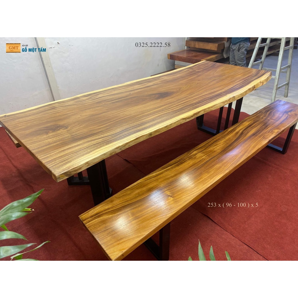 Bộ bàn k3 gỗ me tây, Bàn ghế ăn gỗ me tây, bàn ghế k3 gỗ me tây, bàn k3 gỗ tự nhiên dài 2,53m rộng 1m dày 5cm