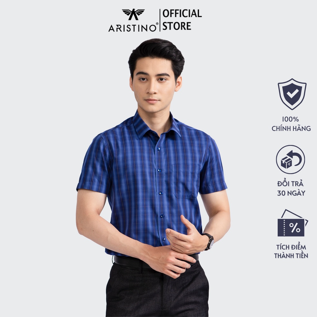 Áo sơ mi nam ngắn tay ARISTINO phom Perfect fit, xanh tím than kẻ trắng nổi bật - ASS315S2