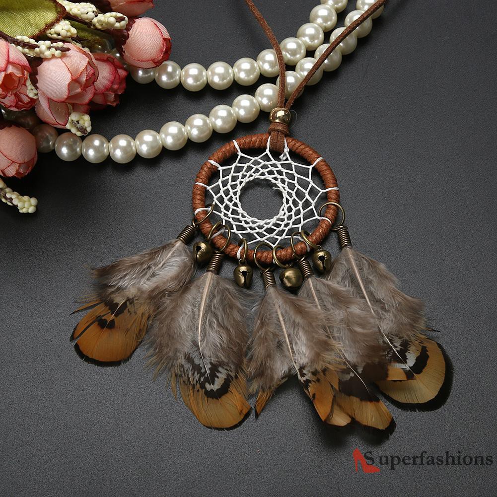 vòng cổ Mặt Dreamcatcher Phối Chuông Và Lông Vũ Phong Cách Ấn Độ