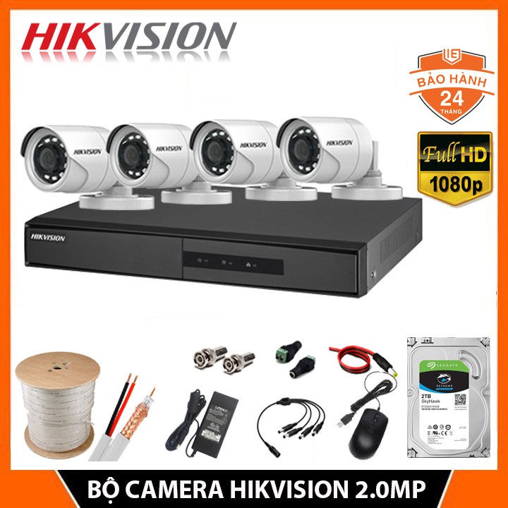 Trọn Bộ Camera giám sát Hikvision Thân Kim Loại 2MP Fhd 1080P [1-4 Mắt] - KÈM Ổ CỨNG HDD (Đủ phụ kiện lắp đặt)