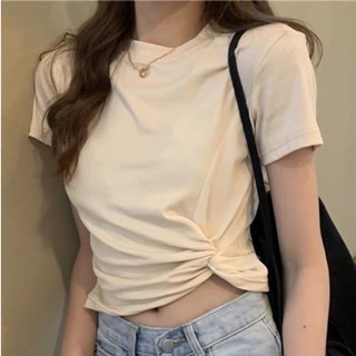 Áo thun croptop xoắn sườn chất zip cotton xinh xắn