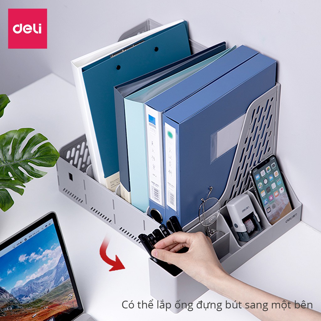 Set giá tài liệu 4 ngăn kèm hộp bút Deli - Xanh Dương/ Xám/ Đen - 78981