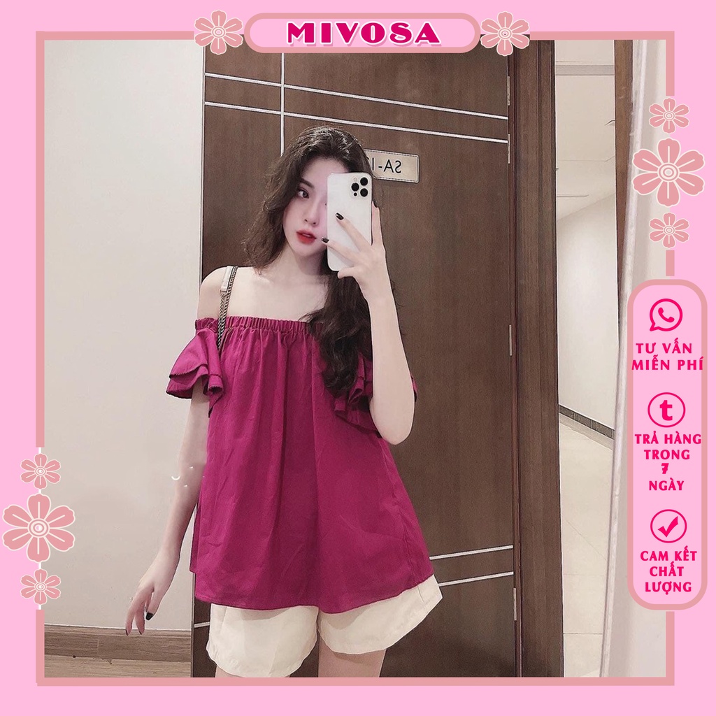 Set áo trễ vai cánh tiên tiểu thư mặc 2 kiểu quần short đùi tacta bồng xinh xắn MIVOSA 058