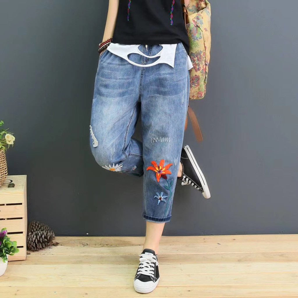 Quần bò baggy jean nữ lưng thun thêu hoa bigszie 45kg đến 90kg