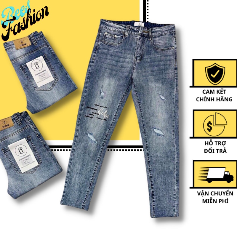 Quần Jean Nam Denim , Jean Nam Co Dãn Rách Gối, Họa Tiết Cao Cấp Chuẩn Fom Tôn Dáng BEE'S-FASHION