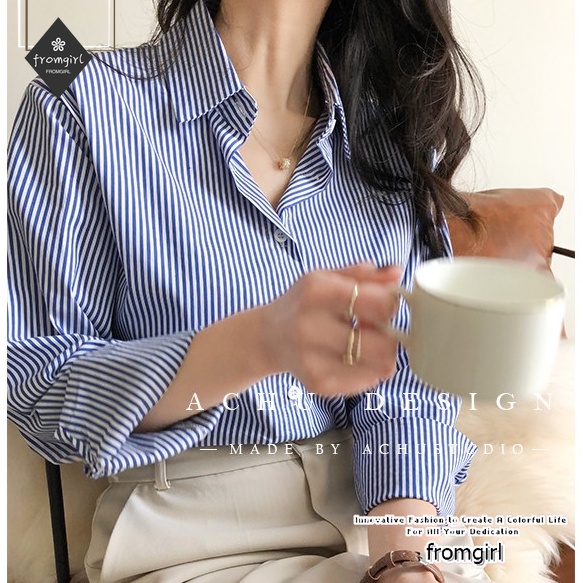 Áo sơ mi dài tay kẻ sọc dọc màu xanh trắng cho nữ