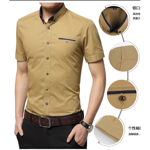 Áo Sơ Mi Trơn Tay Ngắn Dáng Ôm Thời Trang Công Sở Hàn Quốc Mới Cho Nam Giới