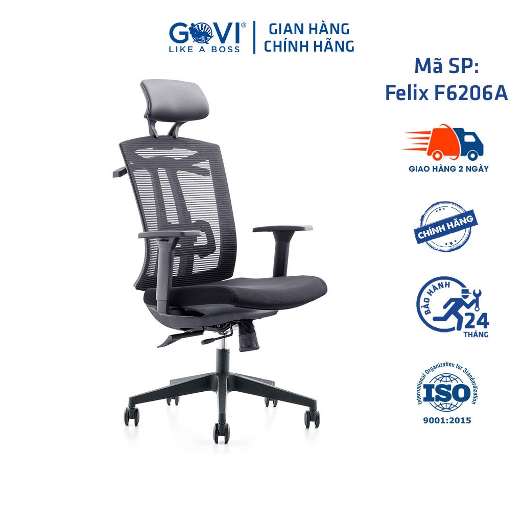 Ghế công thái học Ergonomic GOVI Felix F6206A-2 - Tựa đầu cố định, tựa tay điều chỉnh, mâm ghế ngả sau, khóa 1 vị trí