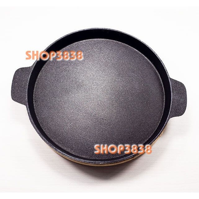 Chảo Gang Chống Dính - Nắp - Đế Gỗ  Làm Bò Né Bánh Xèo Steak