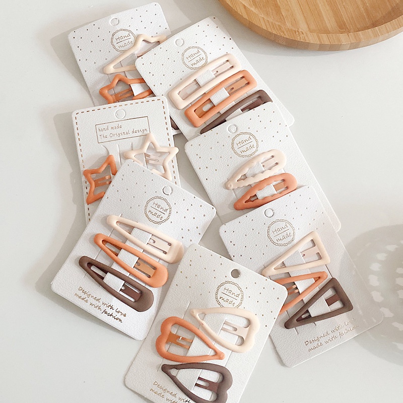 Set 3 Kẹp Tóc Khaki Màu Be / Cà Phê / Ngôi Sao / Trái Tim / Hình Học Dễ Thương Cho Bé Gái