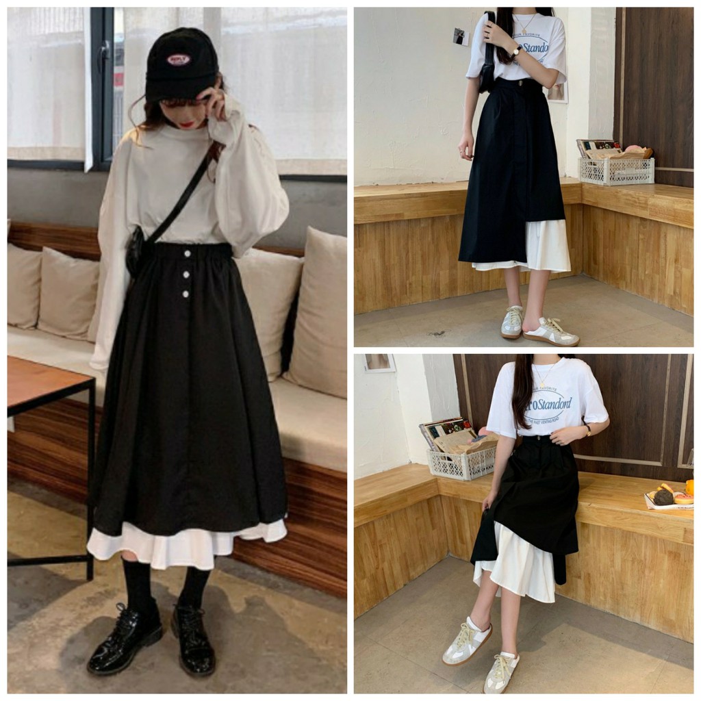 Chân váy dài, chân váy phối màu cạp cao ulzzang Hàn Quốc - Chân váy nữ ulzzang vải voan dày xòe vạt lệch phối đen trắng