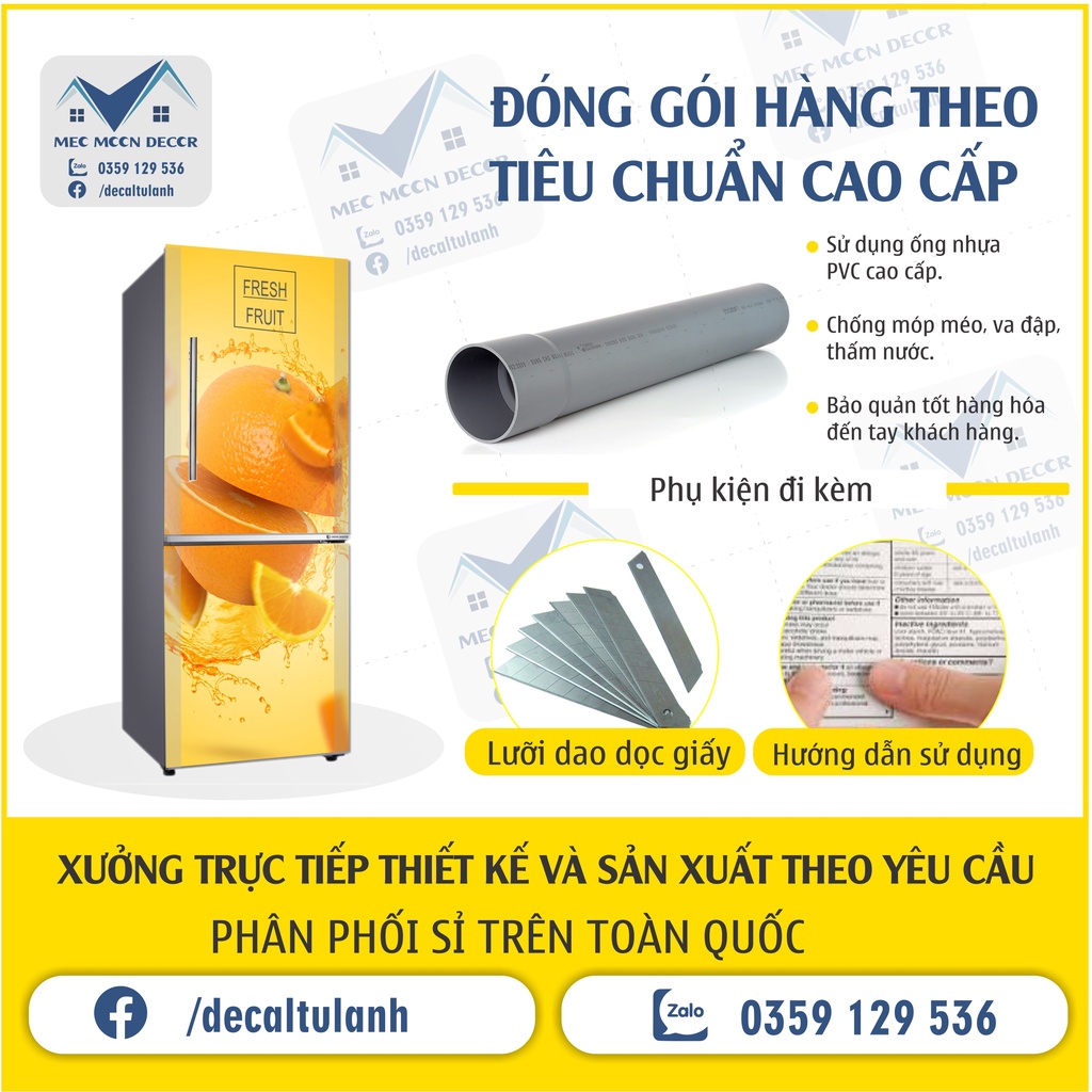 Decal dán tủ lạnh 3D mẫu hoa quả, chống nước siêu bền