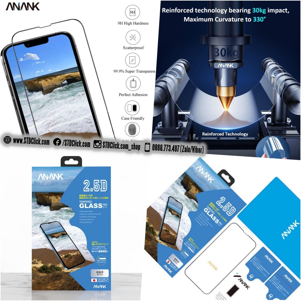 KÍNH CƯỜNG LỰC IPHONE 14 PRO MAX-14 PRO-14 PLUS-14-13 PRO MAX-13 PRO-13 MINI ANANK VIỀN ĐEN 2.5D CHÍNH HÃNG