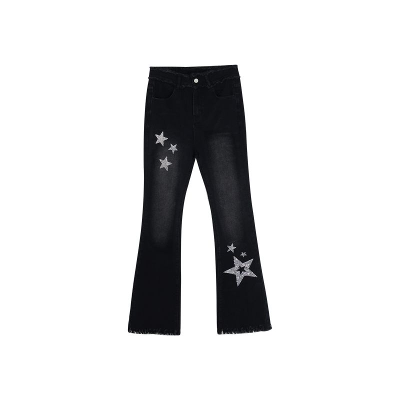 Quần Jeans Ống Loe Lưng Cao Đính Đá Màu Đen Phong Cách Đường Phố Mùa Xuân Y2k Cho Nữ