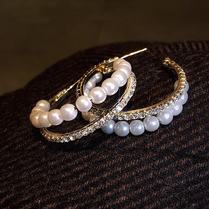 Bông Tai Mạ Bạc 925 Hình Chữ C Đính Ngọc Trai Lấp Lánh Phong Cách Hàn Quốc