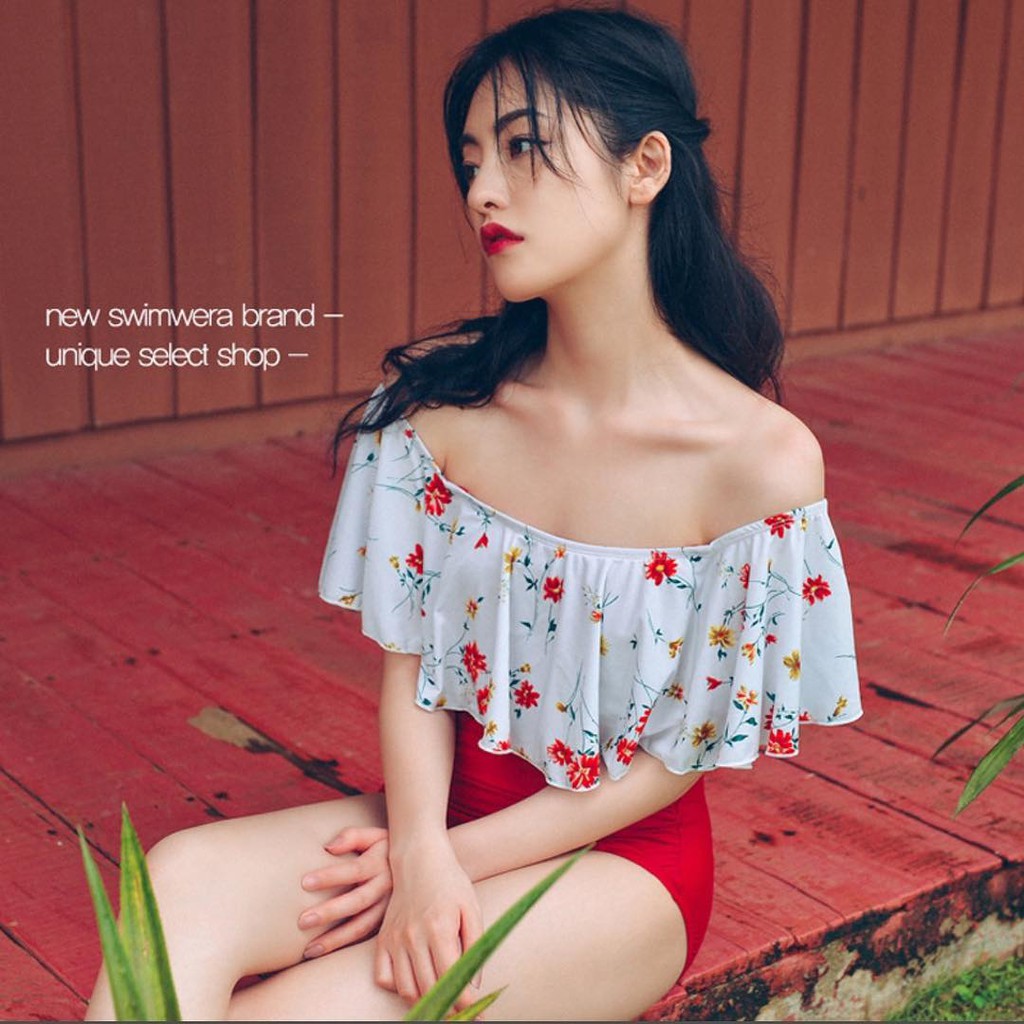 Bikini nữ thời trang, thiết kế cạp cao, trễ vai bèo nhún hot 2018