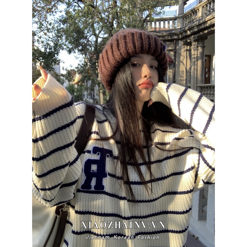 Xiaozhainv Áo sweater Dệt Kim Kẻ Sọc Thời Trang Đơn Giản Cho Nữ