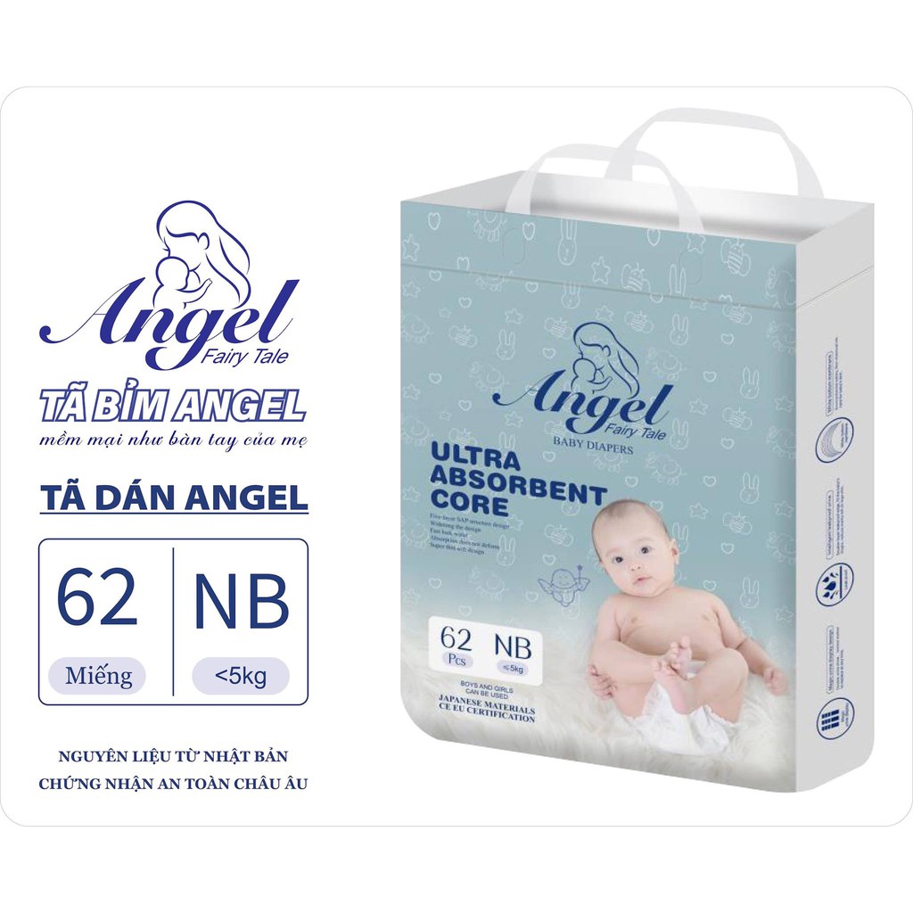 Tã Dán Angel Bao Bì Xanh Đủ Size NB62, S58, M54, L50, XL46