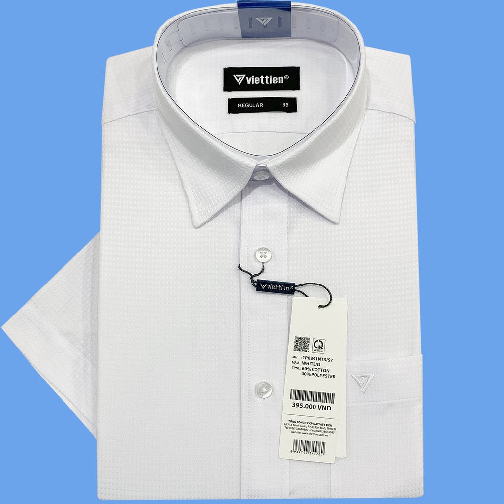 Viettien - Áo sơ mi nam ngắn tay màu trắng điểm nổi vạt bầu 1P0841 regular