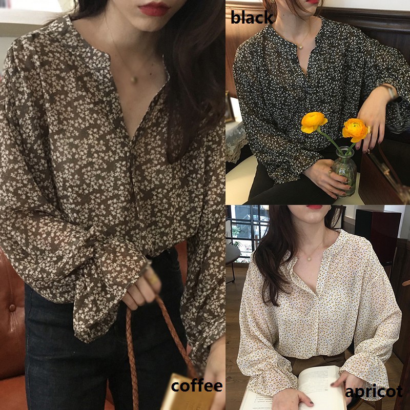 Áo Kiểu Tay Dài Chất Chiffon Hoạ Tiết Hoa Thiết Kế Cổ Tròn Thanh Lịch Nữ Tính