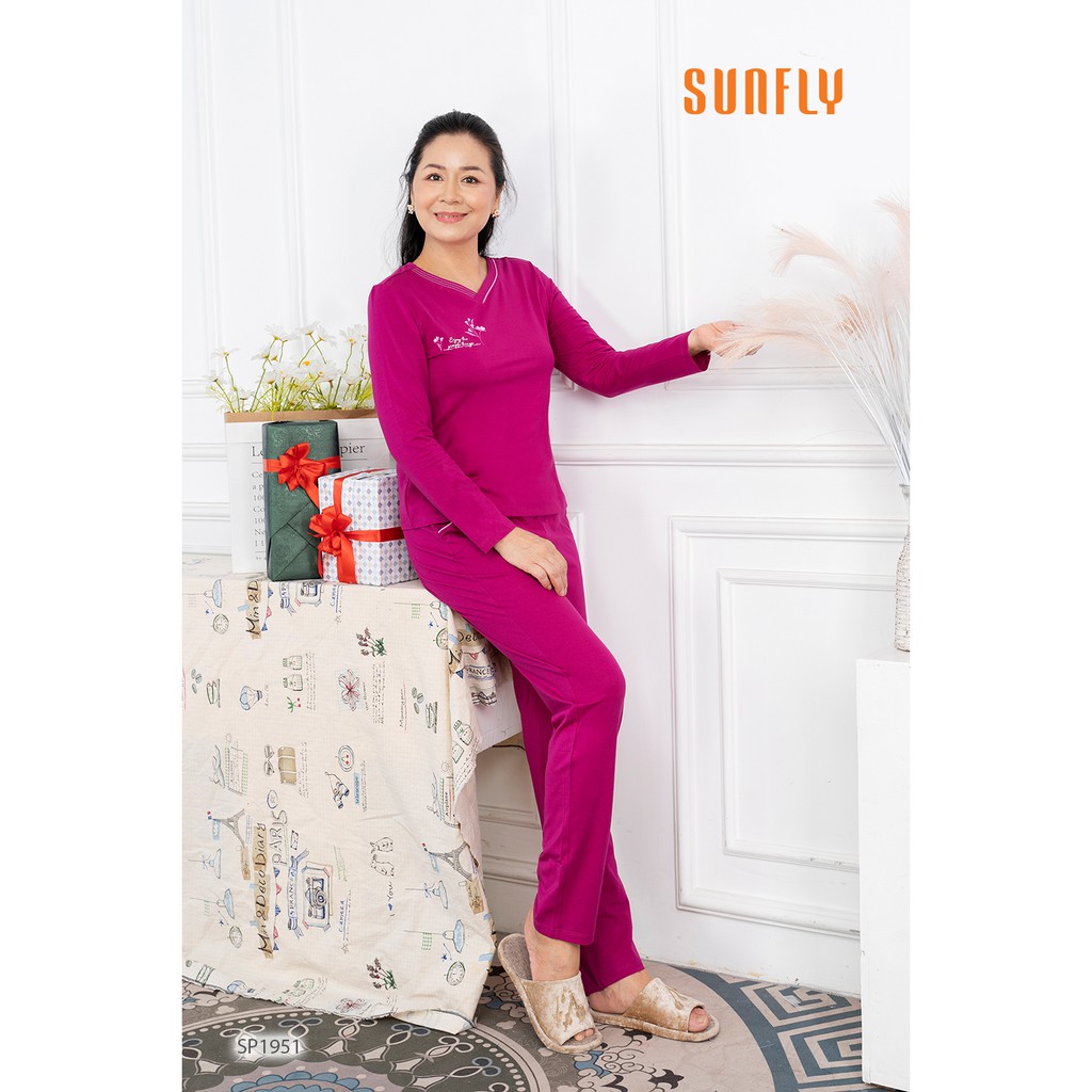 Bộ đồ mặc nhà nữ chất cotton áo dài quần dài cho người trung tuổi SUNFLY SP1951