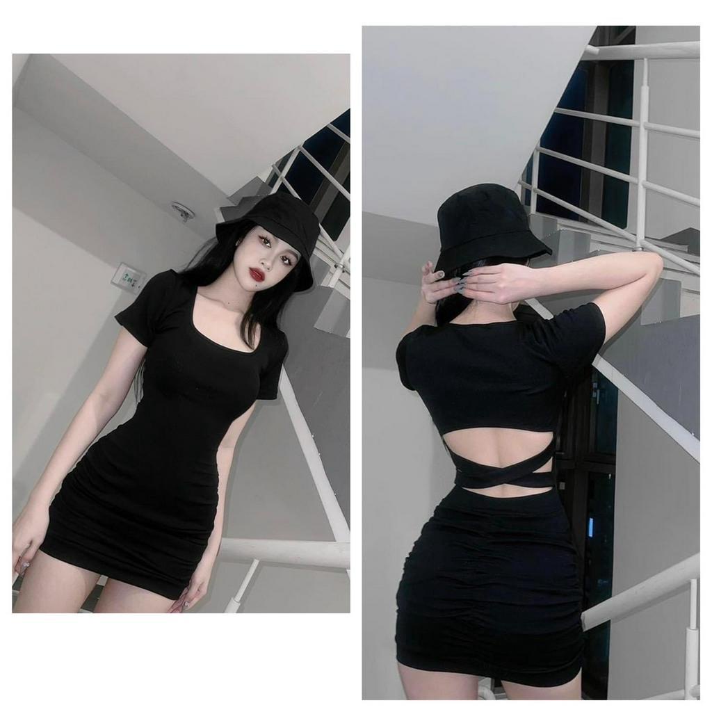 Đầm nữ ôm body chất thun gân cao cấp hở lưng dây chéo sexy tôn dáng mặc đi chơi hút mắt