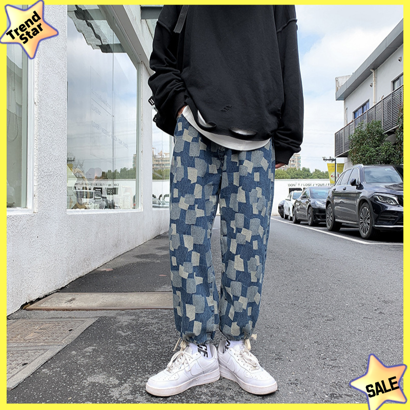 Plaid Jeans for Men - Korean Version of the Capri-Pants Loose-Fit Straight-Cut Wide-Leg Pants M-2XL