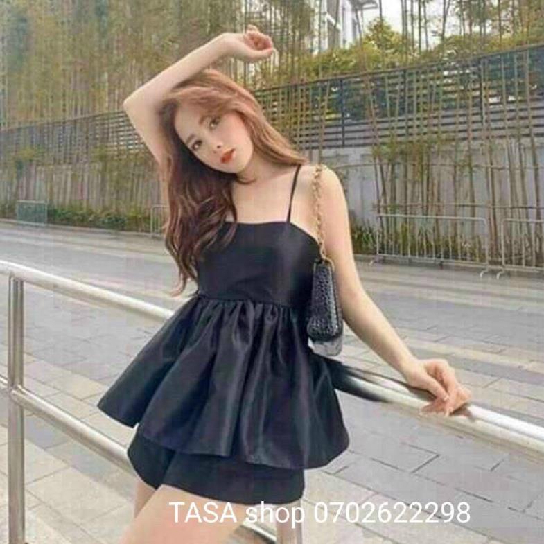 TBO-Video ảnh thật, set đùi áo 2 dây xòe đan dây lưng  kèm quần đùi siêu xinh màu đen lụa satin cao cấp