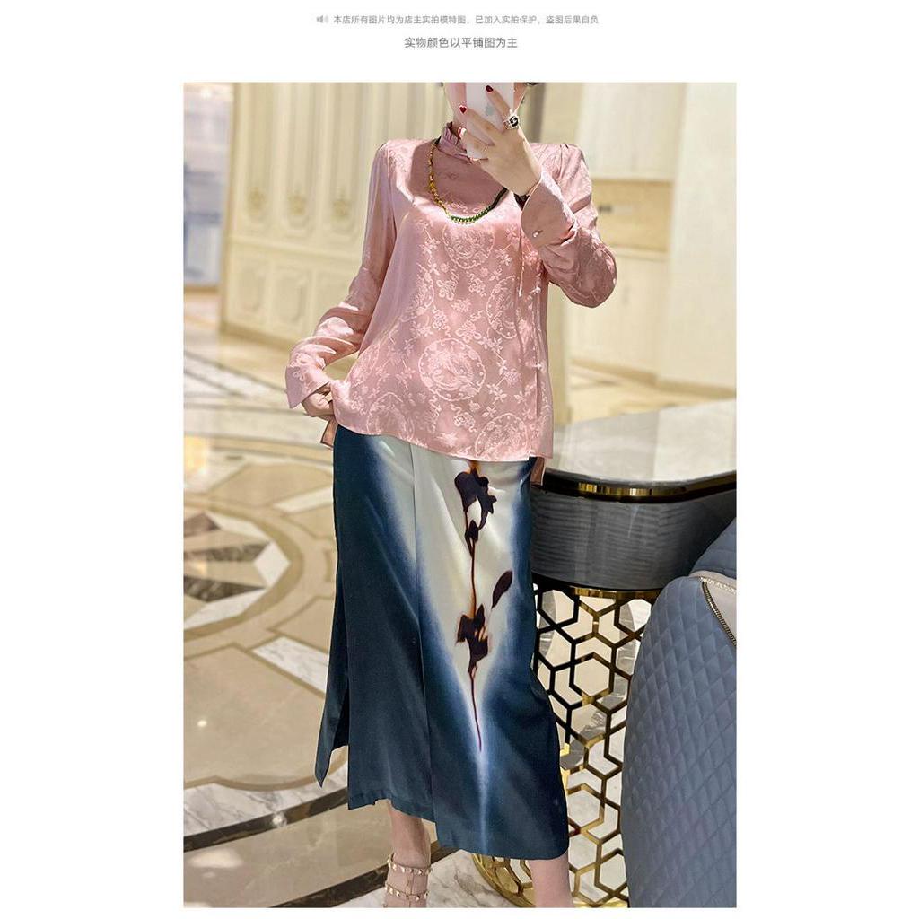 Phong cách Trung Quốc Vintage Snap Jacquard màu hồng phụ nữ đầu dài tay áo sơ mi