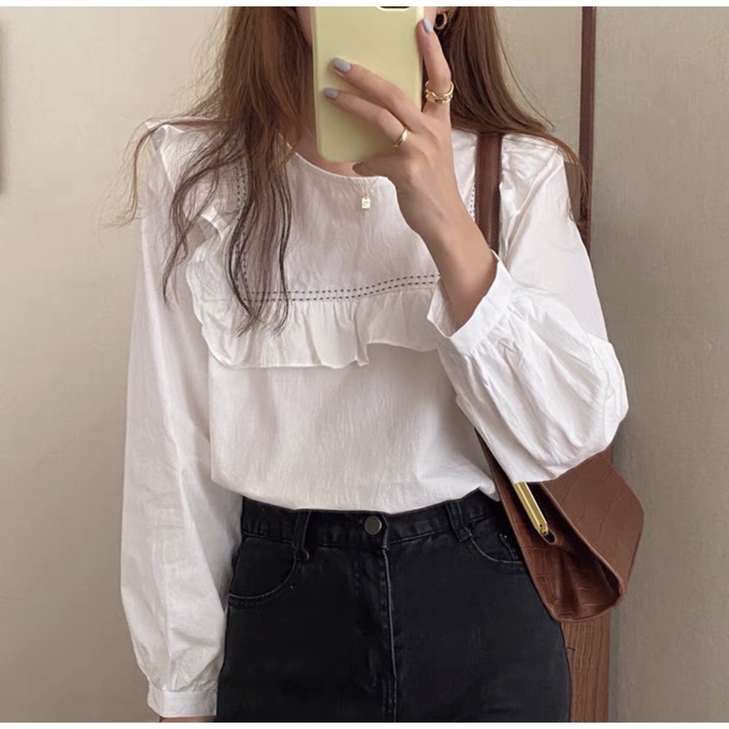 [Ảnh thật/Sẵn] Áo babydoll viền chỉ bèo ngực cổ tròn ulzzang