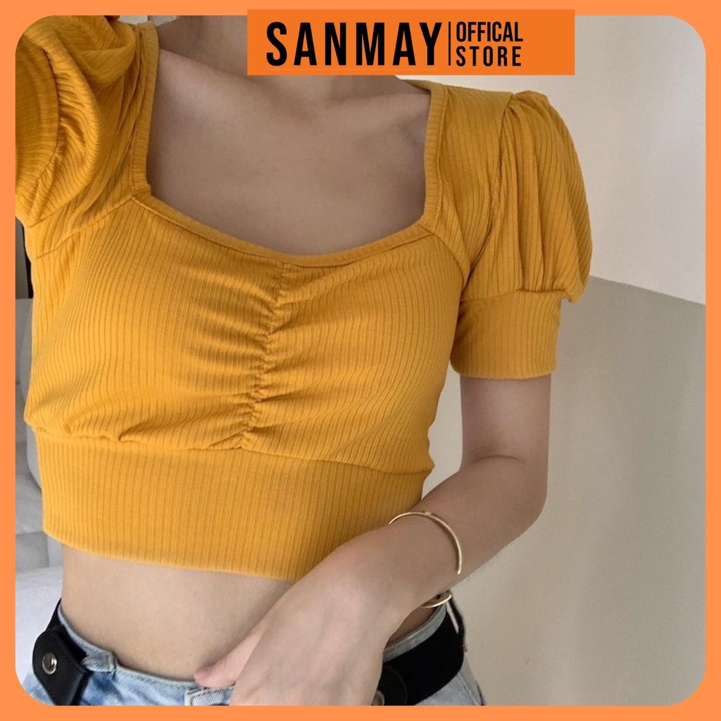 Áo Croptop Kiểu SANJOLI Áo Croptop Nữ Cổ V Cúp Ngực Chất Len Tăm Tay Ngắn Kiểu Ulzzang Màu Đỏ AO012