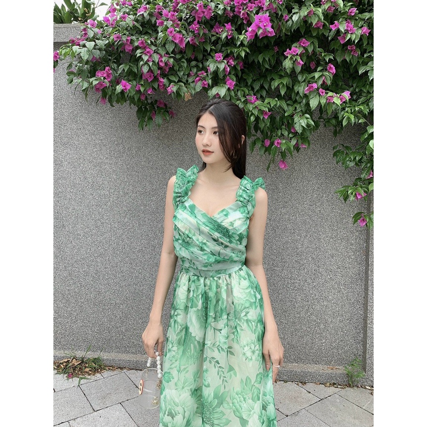 Váy hoa nhí xếp ly dáng dài chất voan tơ, đầm đi biển thanh lịch cho nữ