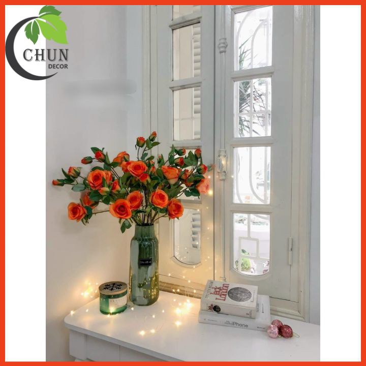 Hoa lụa cao cấp, cành hồng pháp 4 bông dài 61cm trang trí phòng khách, văn phòng, cửa hàng, làm đạo cụ chụp ảnh