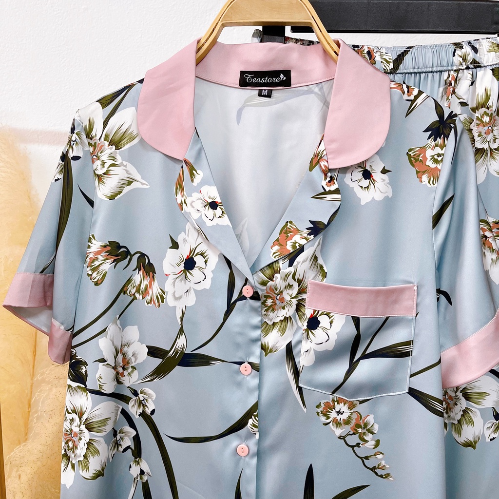 Bộ mặc nhà Pyjama chất lụa Tea Store áo cộc quần dài họa tiết hoa