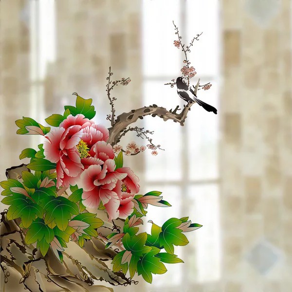 Decal trang trí kính cao cấp mẫu cánh hoa mẫu đơn đỏ (60cm x 58cm)