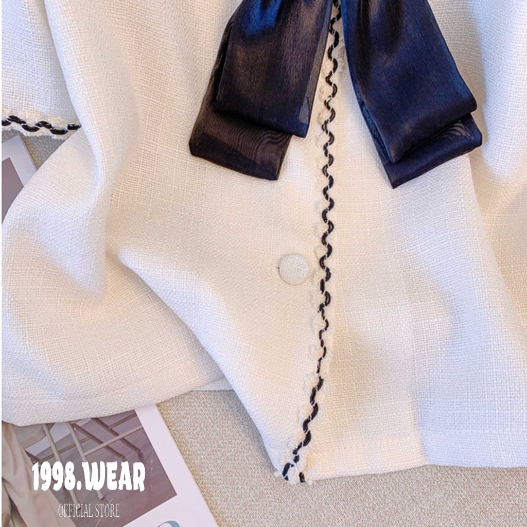 Áo vest nữ blazer 2 lớp tay ngắn, áo croptop thiết kế viền đen phối nơ phong cách hàn quốc 1998.WEAR