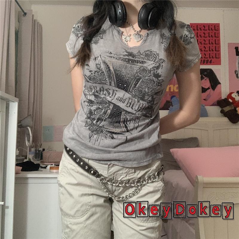 Áo Thun Tay Ngắn Cổ Tròn In Họa Tiết Hoa Phong Cách Retro Đường Phố Dành Cho Nữ