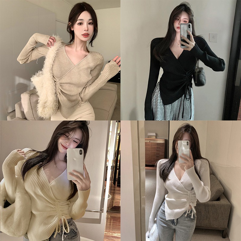 Áo Sweater Dệt Kim Tay Dài Cổ Chữ V Màu Sắc Đơn Giản Phong Cách Hàn Quốc