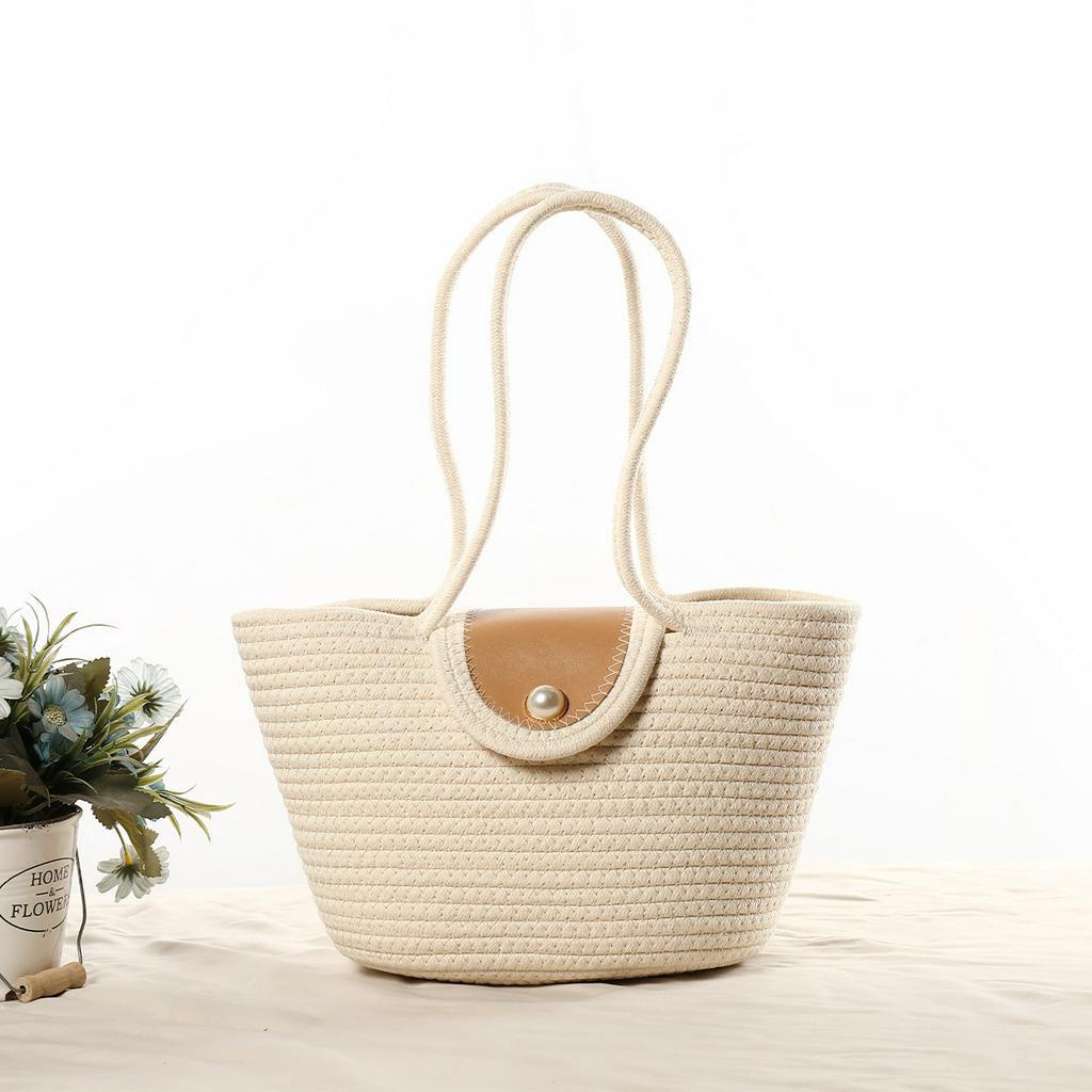 SẴN Túi Cói Đi Biển Vintage Nữ Xách Tay Sức Chứa Lớn Khuy