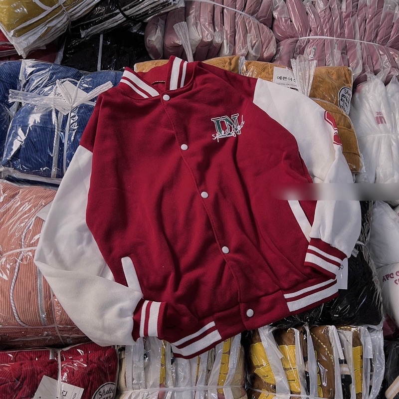 Áo khoác bomber nút bấm nỉ phối tay